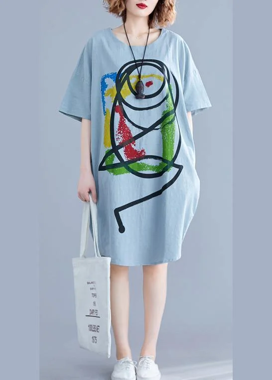 Women's Outdoor Attire 100% light green o neck Cotton clothes Women Cartoon print baggy summer Dresses