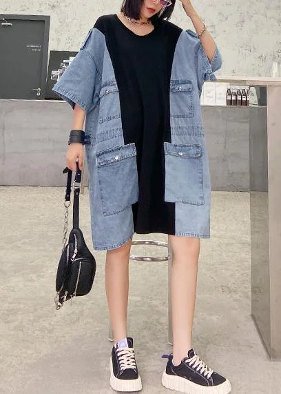 Women's Travel Apparel DIY o neck summer tunics for women black patchwork denim blue Dresses