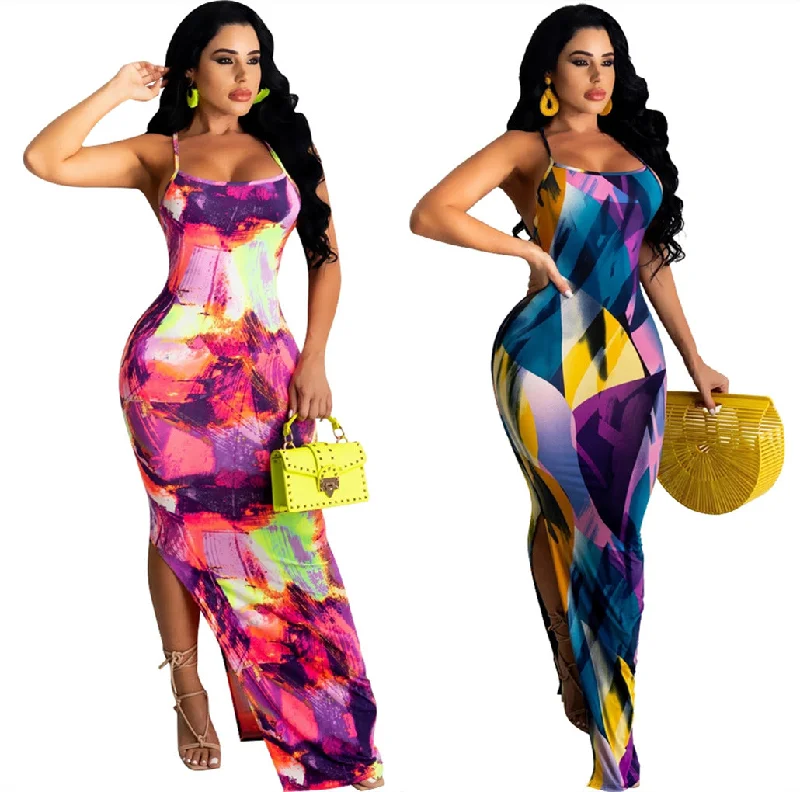 Affordable Women's Clothing Z86033 New Print Spaghetti Strap dresses womens elegant casual vintage maxi dress