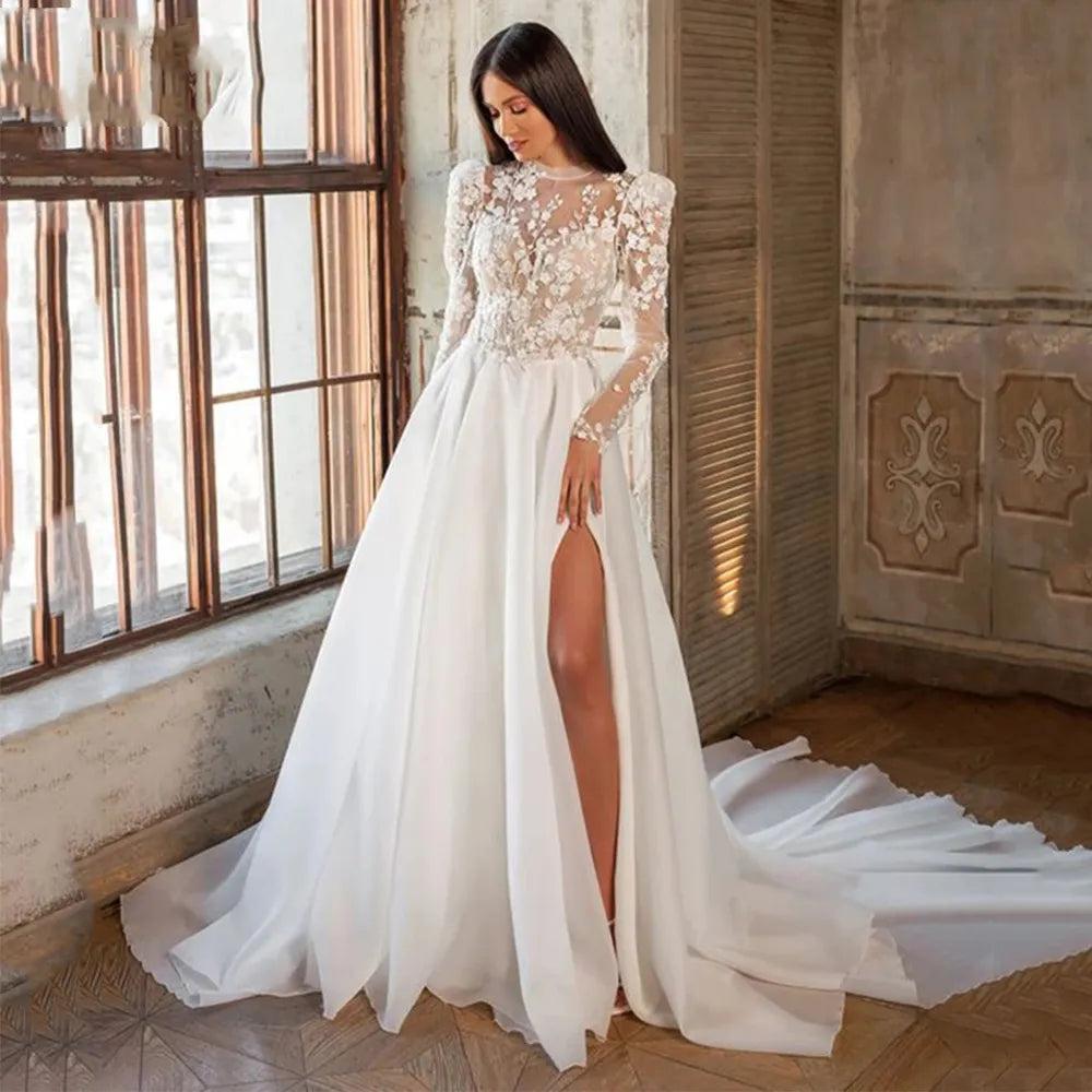 Luxury Women's Clothes Beautiful Luxury Bohemian High Fork Wedding Dresses A-Line High Neck Lace Tulle Beach Bridal Gown Long Sleeves Sweep Train New