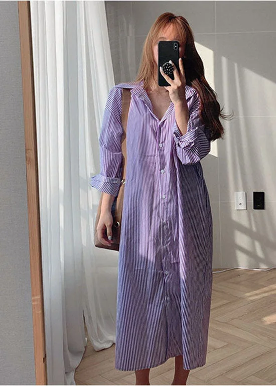 Women's Elegant Evening Outfit Fashion Purple Peter Pan Collar Striped Cotton Shirt Dresses Spring