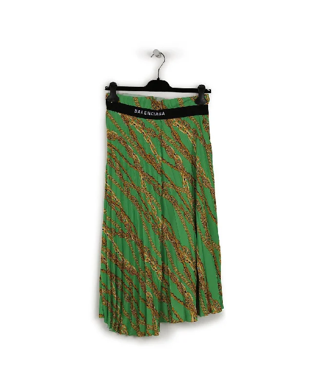 Women's Vintage Attire Balenciaga Green/Gold Ployester Chains Printed Pleated Midi Skirt