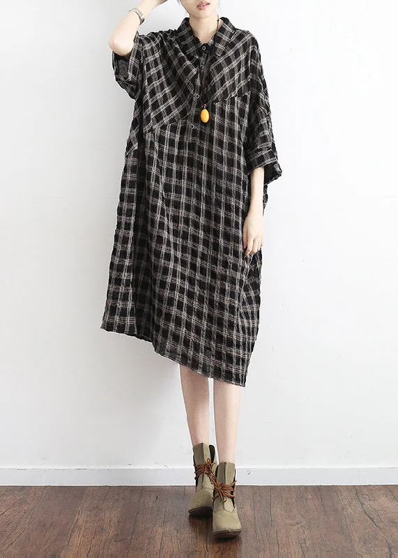 Women's Clothes For Special Occasions Chic black plaid linen cotton Tunics plus size Outfits polo collor Plus Size Clothing summer Dress