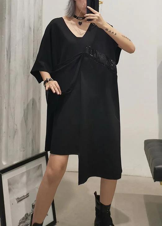 Affordable Luxury Women's Apparel Handmade black Cotton clothes v neck Sequined tunic summer Dress