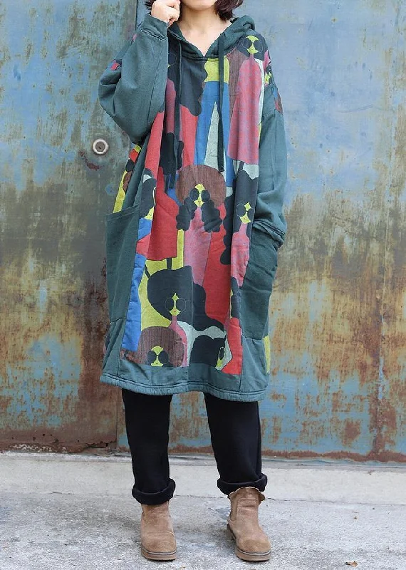 Vintage-Inspired Garments Natural green prints cotton tunics for women patchwork long hooded Dress