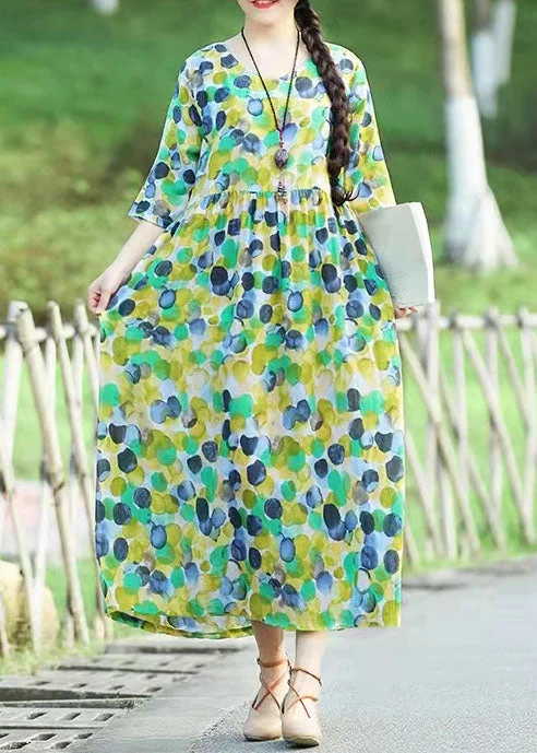 Women's Outerwear Attire Italian O Neck Cinched Cotton Dresses Inspiration Yellow Dotted Dresses Summer