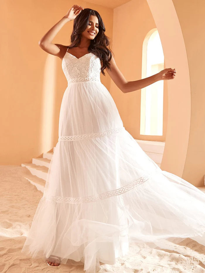 Women's Travel Attire Spaghetti Strap Lace Embroidery A-Line Tulle Romantic Wedding Dress