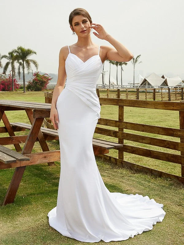 Women's Stylish Vacation Attire Sheath/Column Charmeuse Ruched V-neck Sleeveless Court Train Wedding Dresses