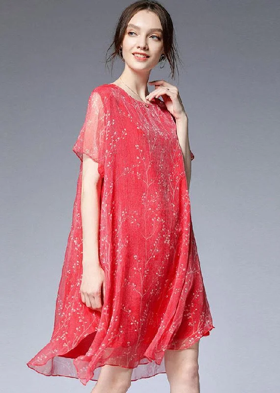 Women's Activewear Apparel French Red O-Neck Asymmetrical Design Summer Chiffon Dresses Short Sleeve