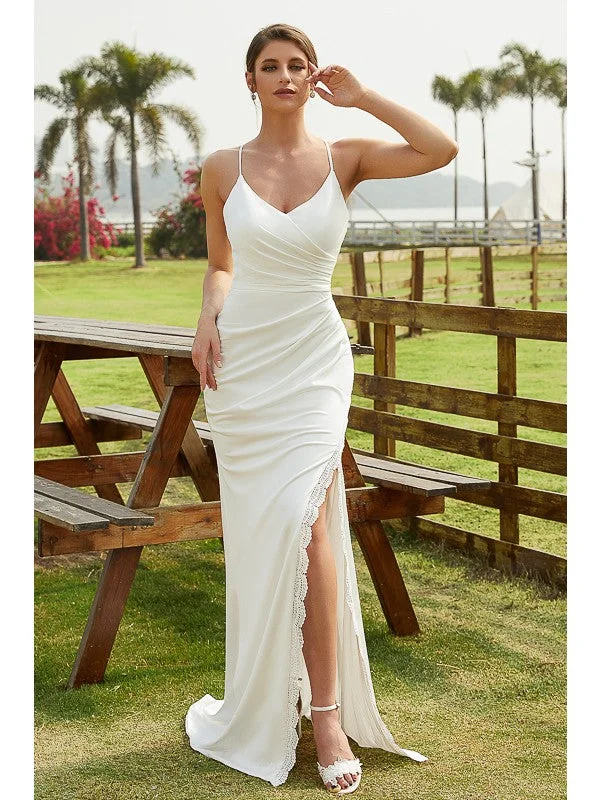 Women's Holiday Apparel Sheath/Column Jersey Ruched V-neck Sleeveless Sweep/Brush Train Wedding Dresses