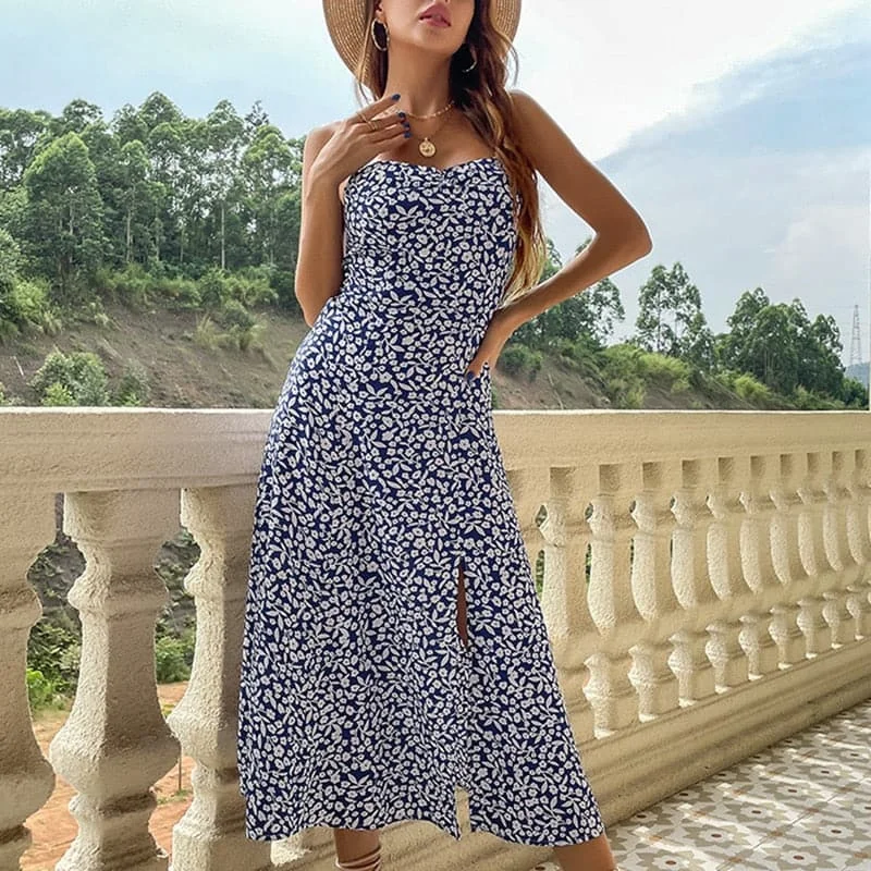 Women's Everyday Attire DressBetty - Summer Fashion Bohemian Sleeveless Dress for Women Vintage Sexy Floral Silk Maxi Robe Casual Wedding Guest Long Dresses