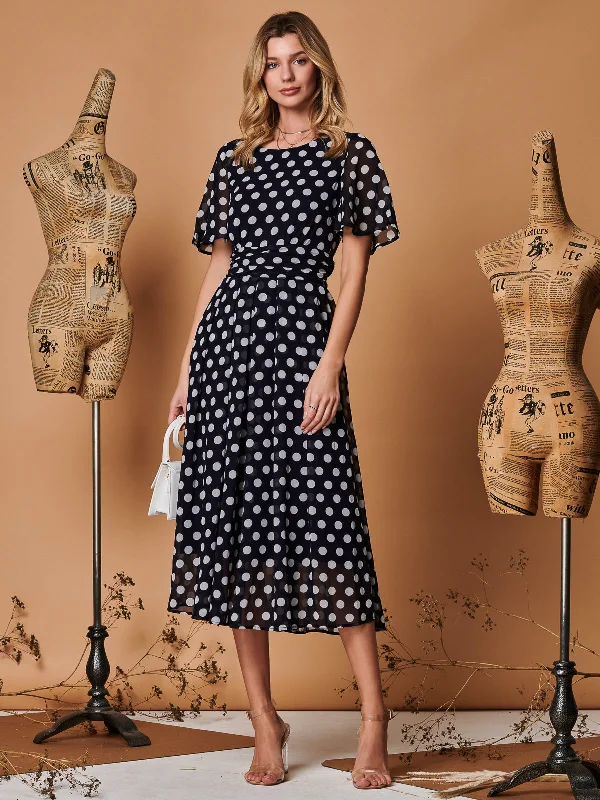 Charming Everyday Clothing For Women Spot Print Chiffon Maxi Dress, Navy Spot