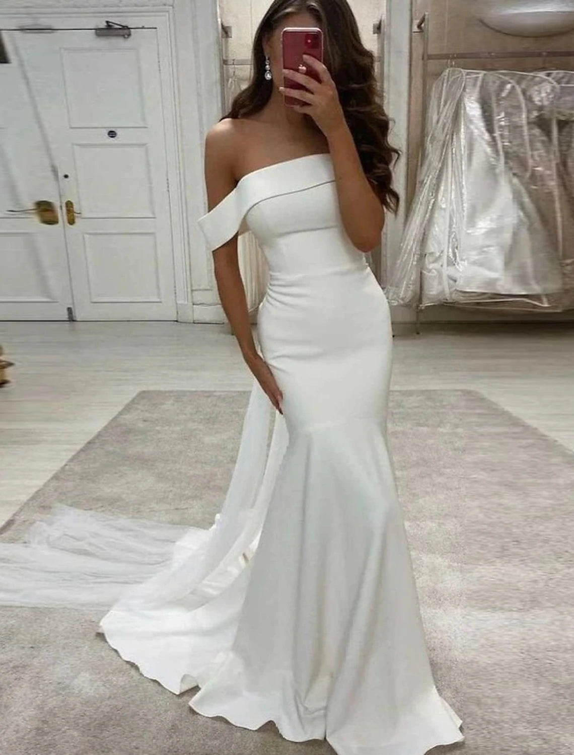 Stylish Women's Garments Reception Sexy Wedding Dresses Mermaid / Trumpet Off Shoulder Cap Sleeve Sweep / Brush Train Stretch Fabric Bridal Gowns With Solid Color