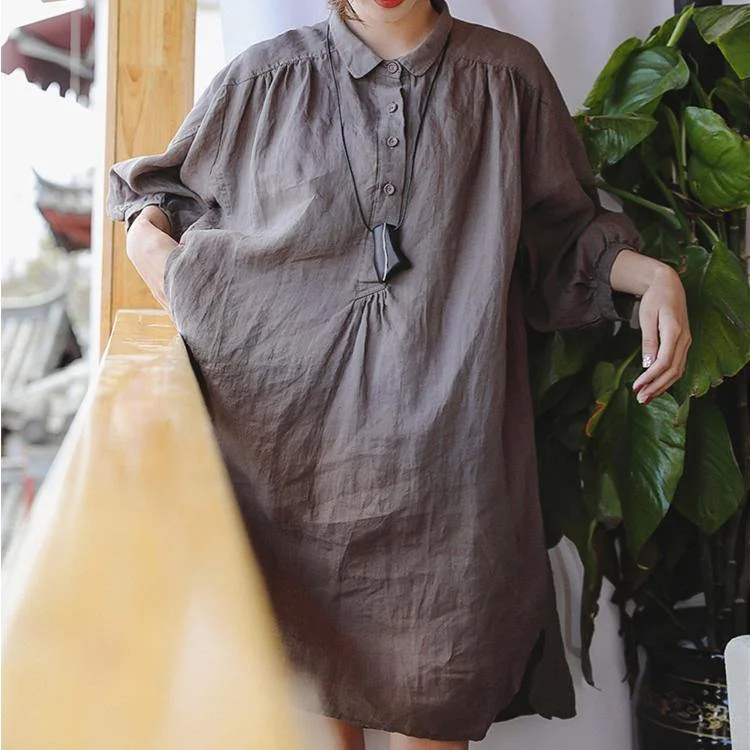 Women's Resort Apparel 2024 chocolate linen shift dress plus size clothing linen clothing dresses 2018 Three Quarter sleeve baggy dresses Peter pan Collar dresses