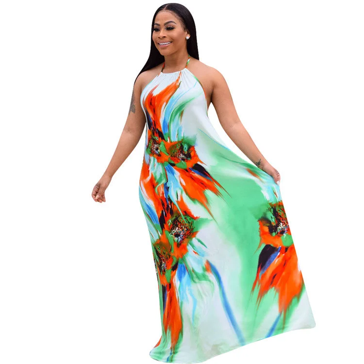 Women's Everyday Attire Summer Sleeveless Floral Halter backless Women Long Maxi Dress