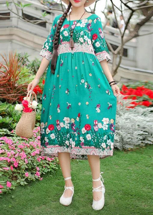 Women's Tops And Clothing French green print Cotton o neck half sleeve loose summer Dresses