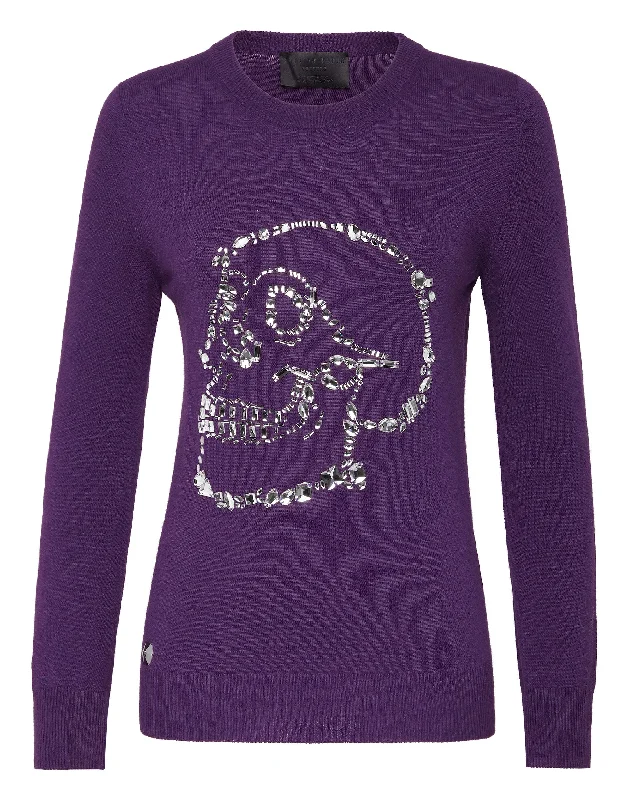 Women's Classic Attire Pullover Round Neck LS Look At Me  Skull crystal