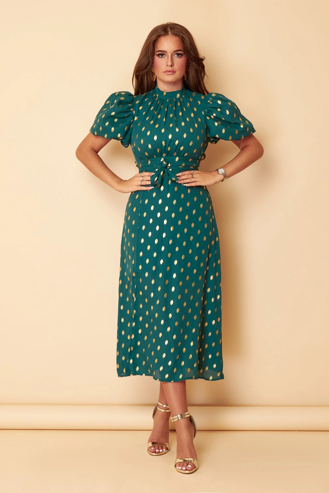 Modern Women's Outfit Lilly Emerald Green Gold Foil Print Puff Sleeve Midi Dress