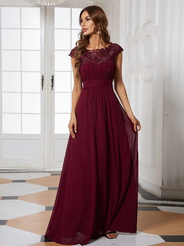 Stylish Women's Garments For Holidays Elegant Maxi Long Lace Cap Sleeve Bridesmaid Dress