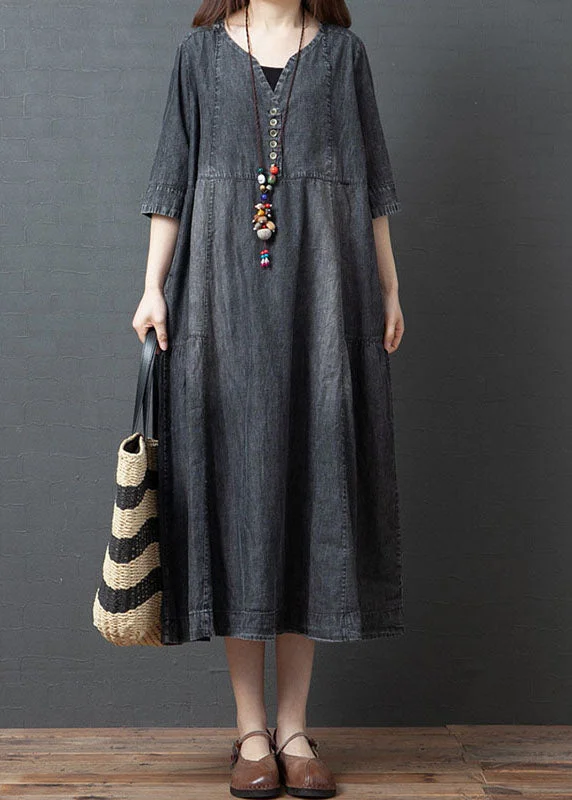 Women's Seasonal Wardrobe Clothing Handmade Blue V Neck Button Patchwork Fall Denim Half Sleeve Maxi Dress