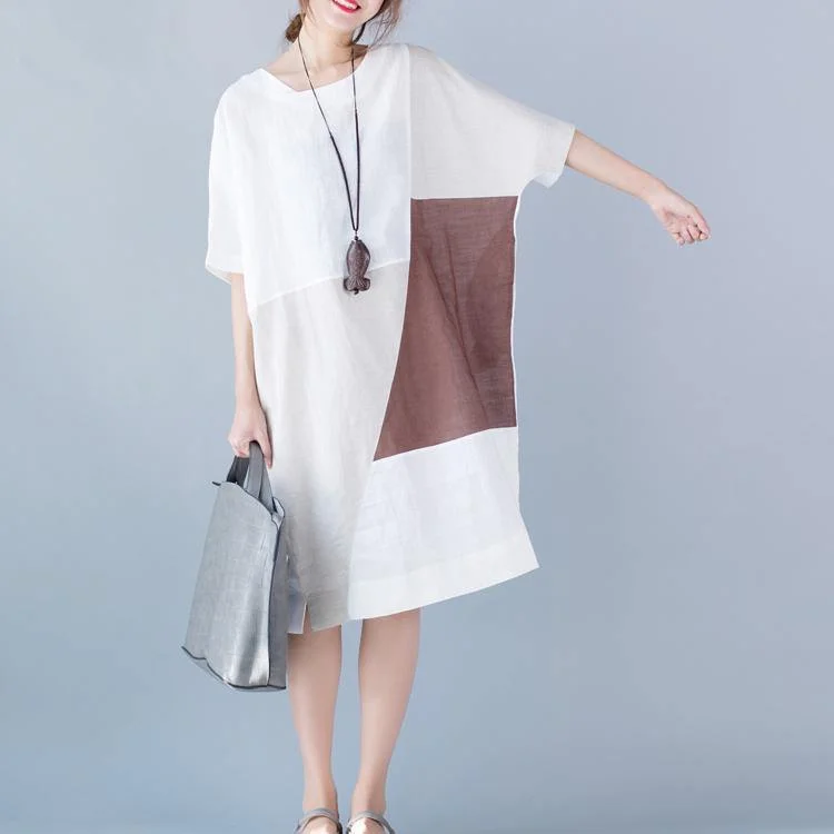 Women's Comfortable Clothes For Weekends 2018 white pure cotton linen dress oversize vintage half sleeve patchwork O neck pockets cotton linen dress