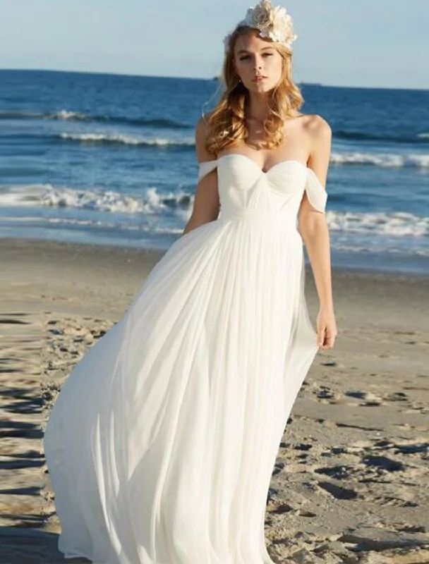 Women's Professional Outfit Beach Sexy Boho Wedding Dresses A-Line Off Shoulder Cap Sleeve Floor Length Chiffon Bridal Gowns With Pleats Solid Color