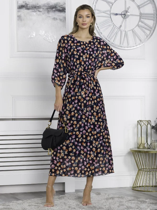 Women's Transitional Outfit Chiffon Pleated Batwing Sleeve Maxi Dress, Navy Floral