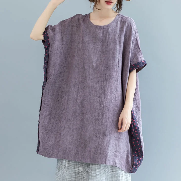 Women's Trendy Clothes Fine purple pure linen tops Loose fitting casual cardigans boutique batwing sleeve O neck patchwork cotton clothing