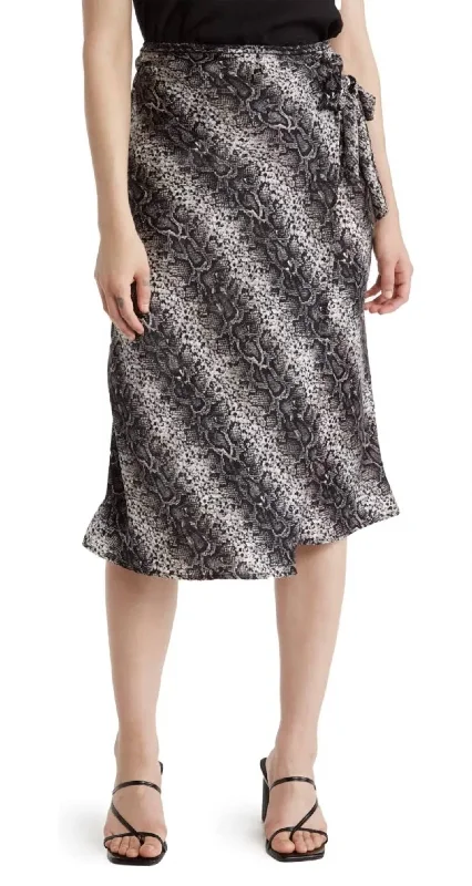 Women's Seasonal Clothing Faux Wrap Snakeskin Print Midi Skirt In Black/white