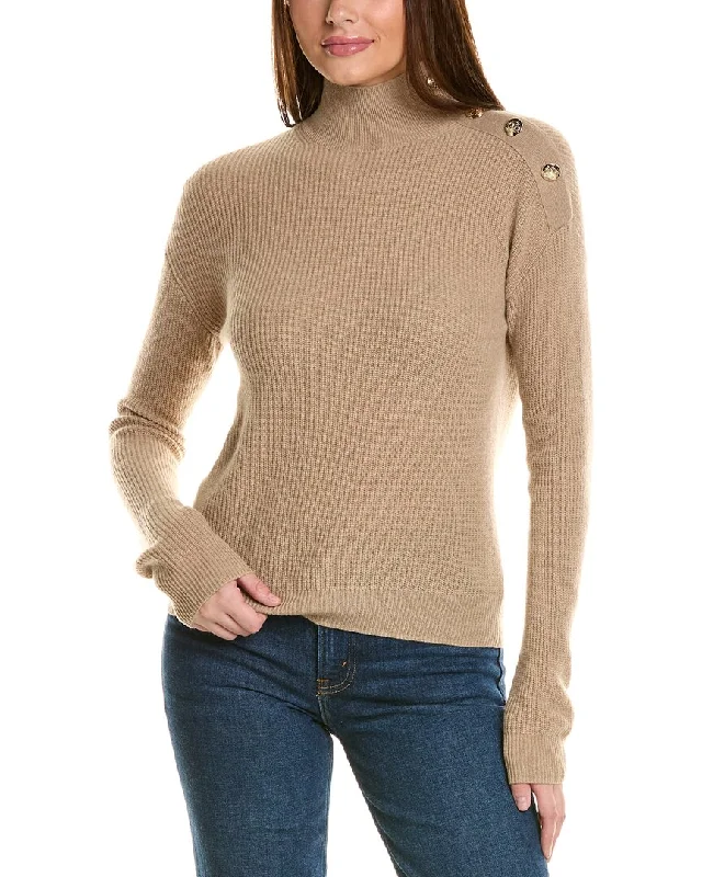 Women's Elegant Formal Outfit Bruno Magli Rib Button Shoulder Mock Nek Cashmere Sweater