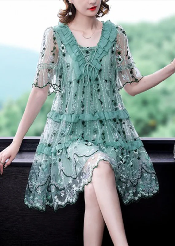 Timeless Women's Garments Light Green Tulle Vacation Dress Hollow Out Embroideried Short Sleeve