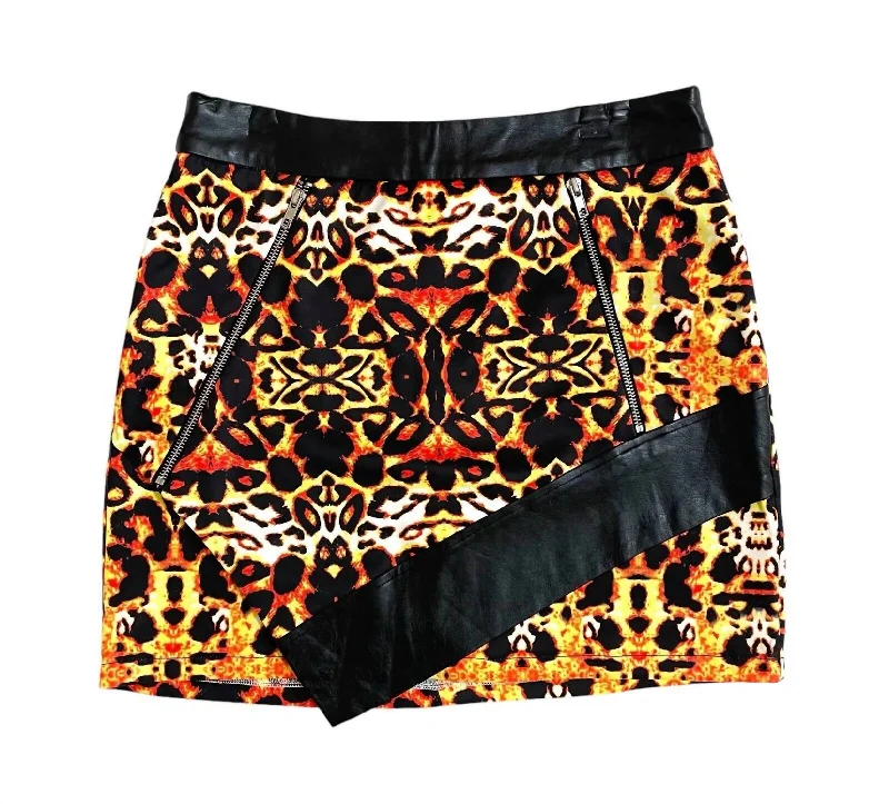 Women's Sporty Clothes Women's Animal Print A Line With Faux Leather Trim Zippers Mini Skirt In Multicolor