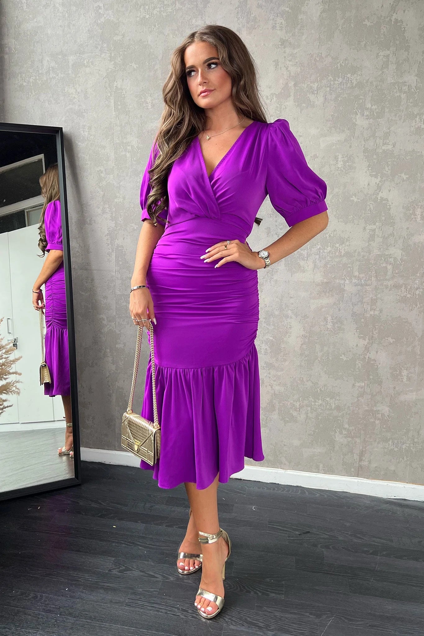 Elegant Women's Evening Garments Nina Orchid Puff Sleeve Ruched Midi Dress