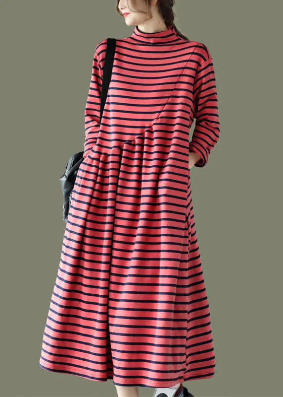 Modern Women's Apparel DIY Red Pockets Patchwork Striped Fall Long Dresses