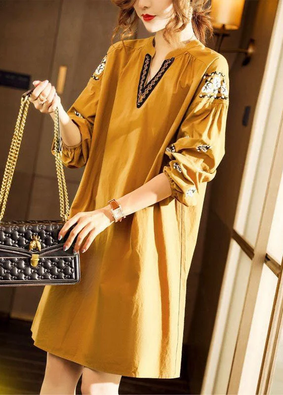 Women's Night-Out Outfit Yellow V Neck fashion Cotton Dresses Spring