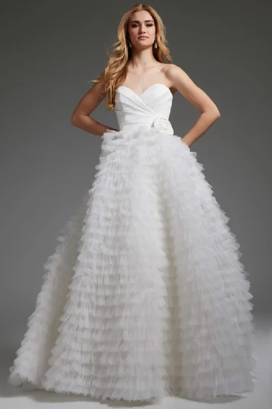 Women's Work Outfit For The Office Jovani JB38958 Long Pleated A Line Ruffle Wedding Dress