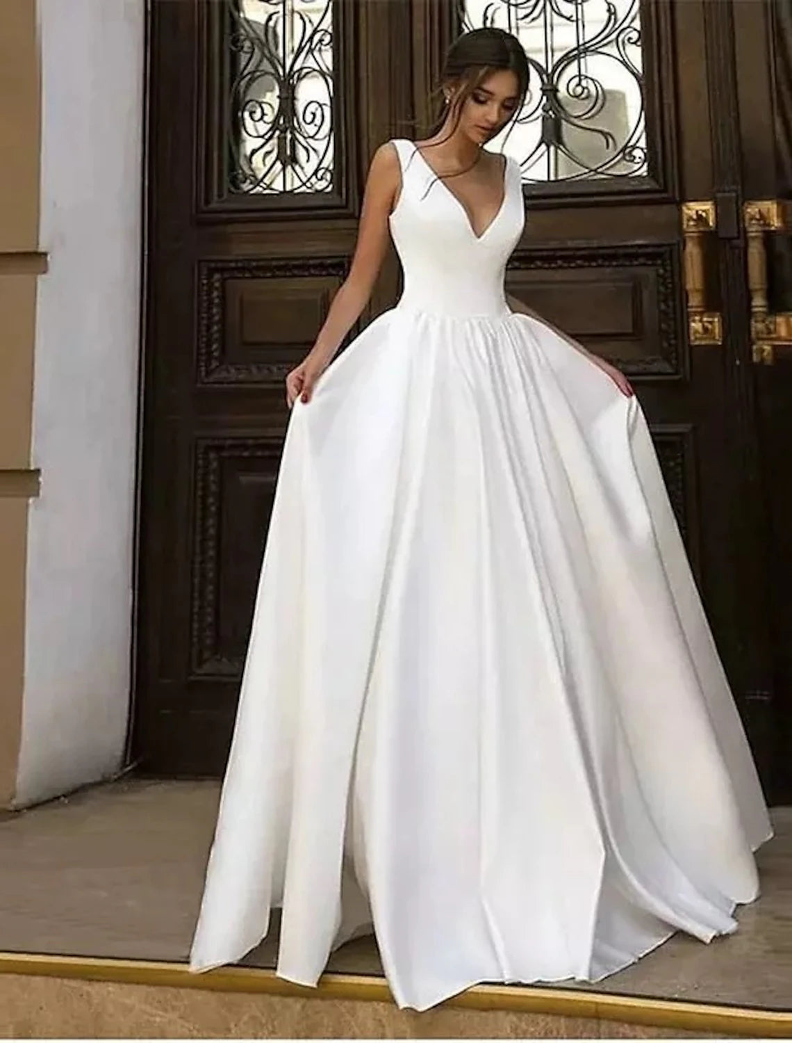 Charming Women's Garments Reception Casual Formal Wedding Dresses A-Line V Neck Sleeveless Floor Length Satin Bridal Gowns With Pleats Solid Color Summer Fall Wedding Party