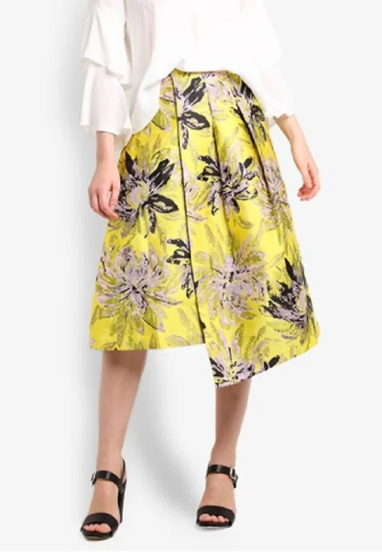 Plus-Size Women's Garments Jacquard Floral Midi Asymmetrical Midi Skirt In Yellow