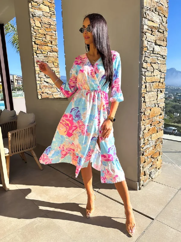 Women's Clothing With Trendy Designs Lillie Blue Floral Wrap Top Style Midi Dress