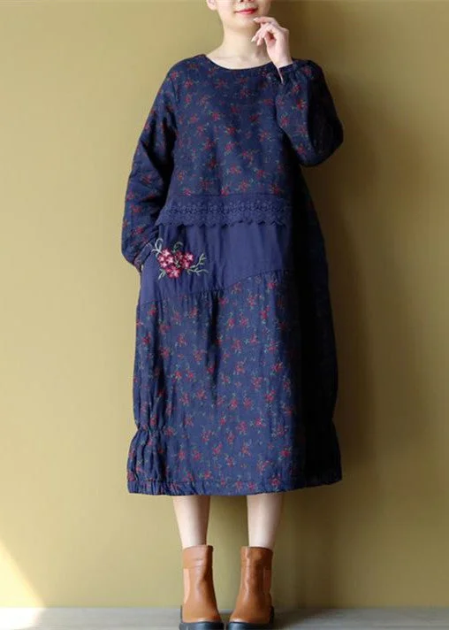 Casual Chic Women's Clothes blue floral cotton warm dresses plus size embroidery linen casual long sleeve patchwork dresses