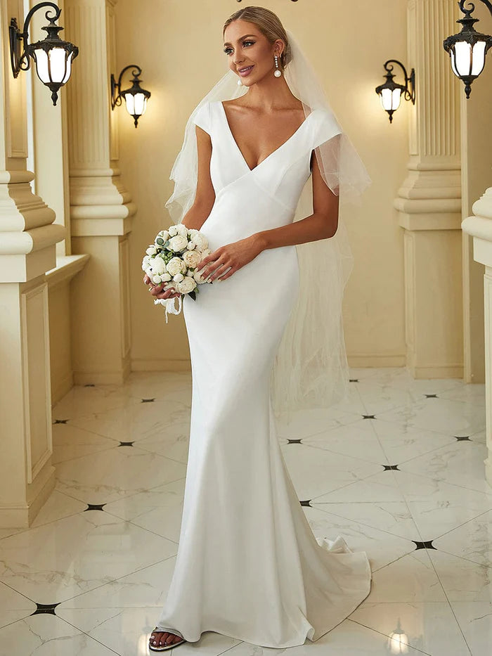 Women's Elegant Evening Attire Cap Sleeve Deep V-Neck Backless Fishtail Wedding Dress