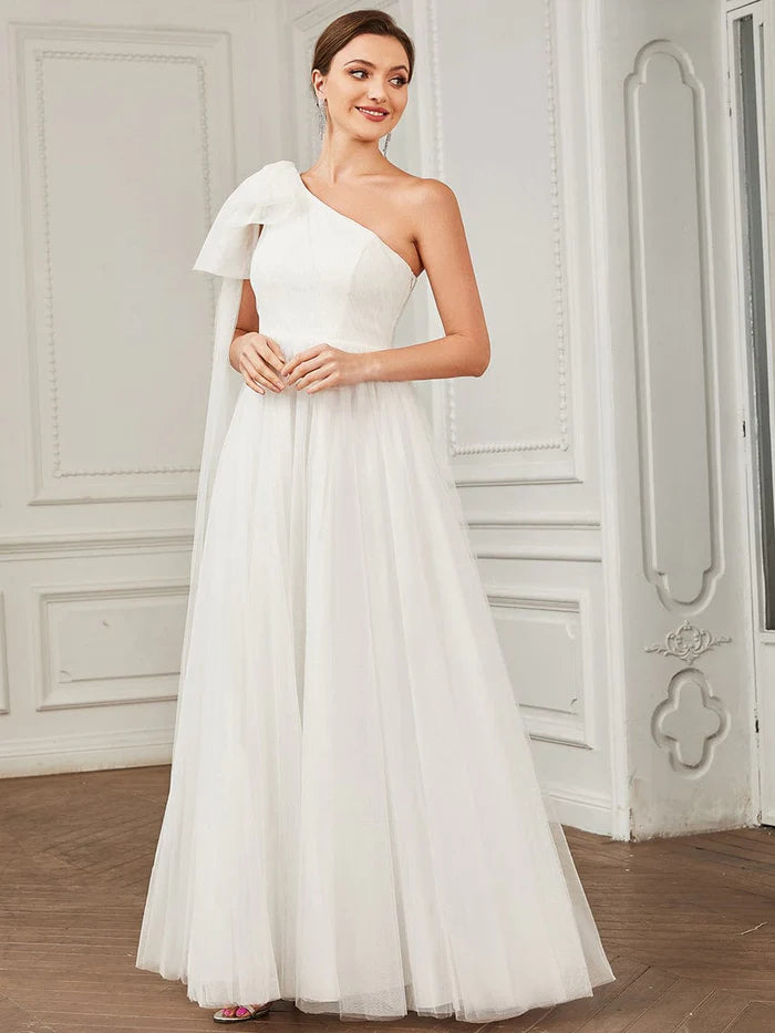 Women's Casual Outfit Asymmetrical Tie Sleeve Cinched Waist Layered Tulle A-line Wedding Dress