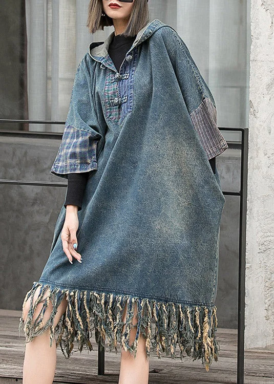 Women's Outfit Streetwear Blue Hooded Patchwork Tasseled Denim Dress Batwing Sleeve