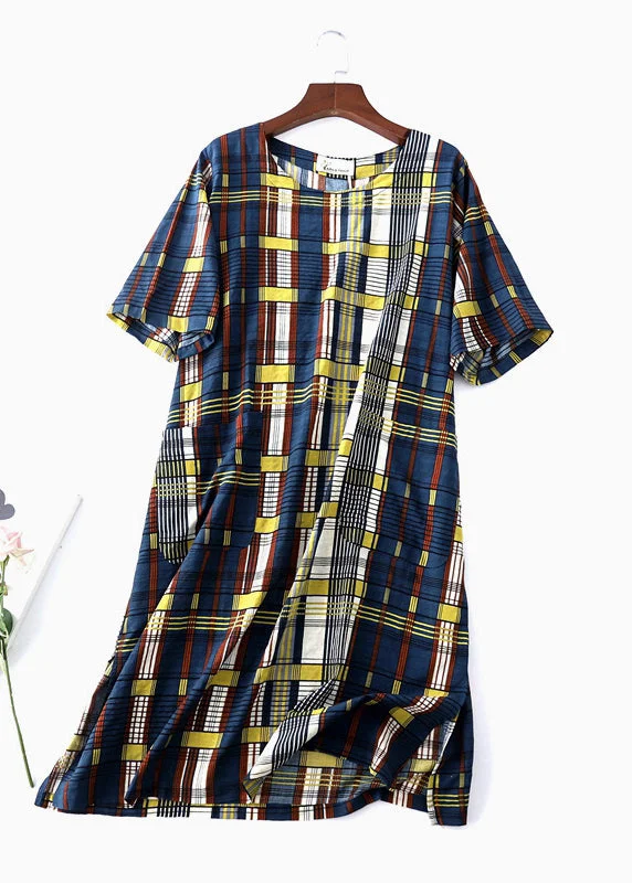 Women's Occasion Wear Clothes Women O Neck Tunic Dress Lnspiration Blue Plaid Maxi Dress