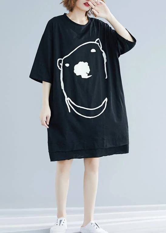 Women's Chic Outerwear Attire DIY black Cartoon print Cotton Tunics o neck Art summer Dress