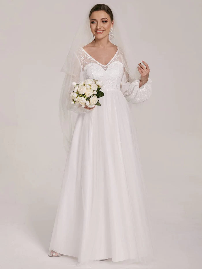 Women's Clothing For Holiday Travel Sheer Floral Puffed Sleeve Sweetheart A-Line Wedding Dress