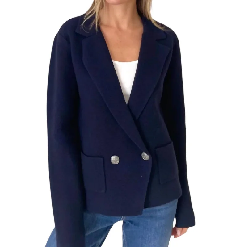 Stylish Outerwear Clothes For Women Double Breasted Sweater Blazer In Navy