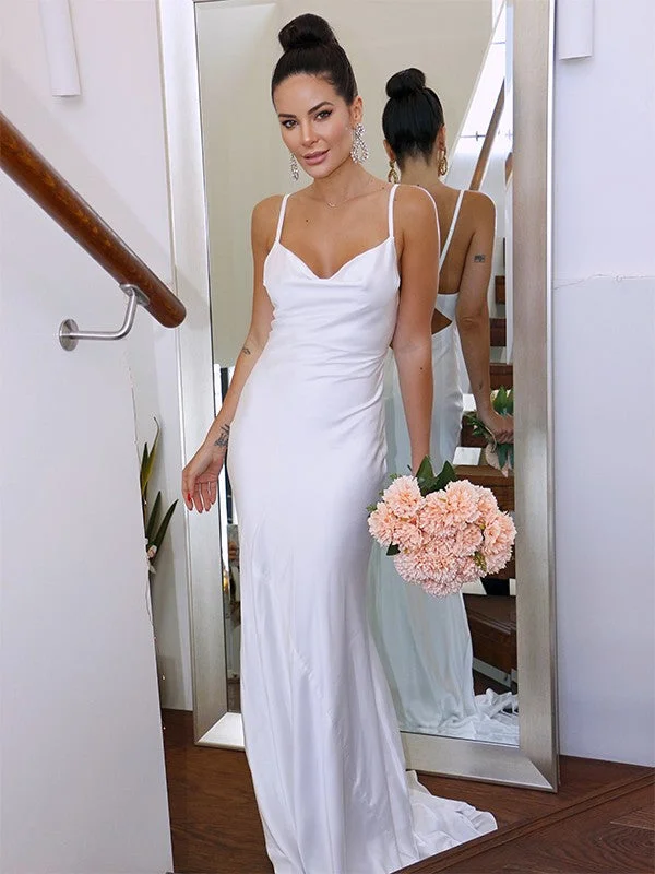 Women's Cozy Winter Attire Sheath/Column Spaghetti Straps NS  Woven Satin Sleeveless Ruched Sweep/Brush Train Wedding Dresses