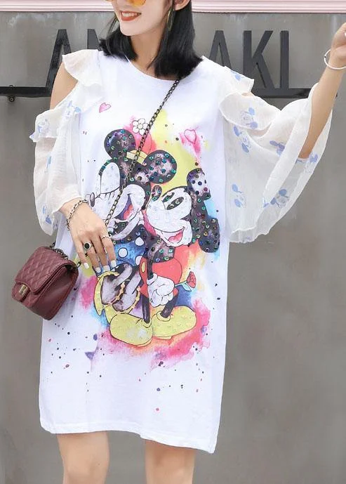 Women's Trendy Outfit Chic white prints Cotton quilting clothes flare sleeve Knee summer Dress