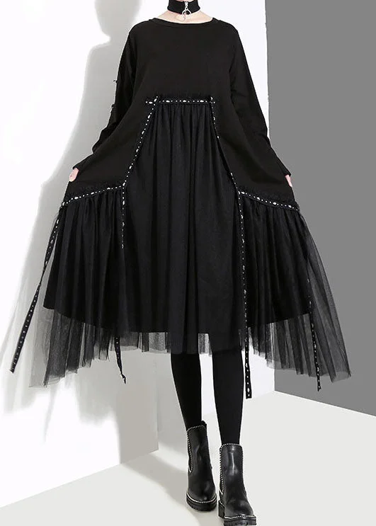 Women's Party Outfit French Black O-Neck Asymmetrical Tulle Patchwork Long Dresses Spring